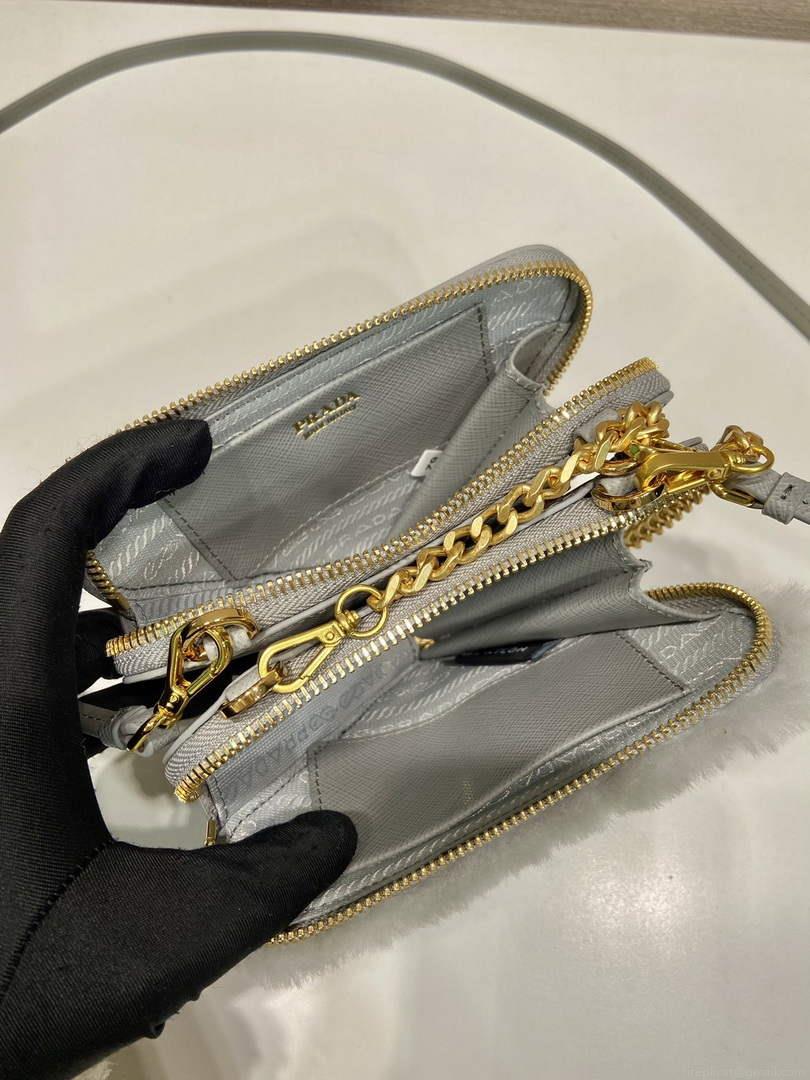 Prada 1NR015 Shearling and Saffiano leather mini-pouch Cornflower