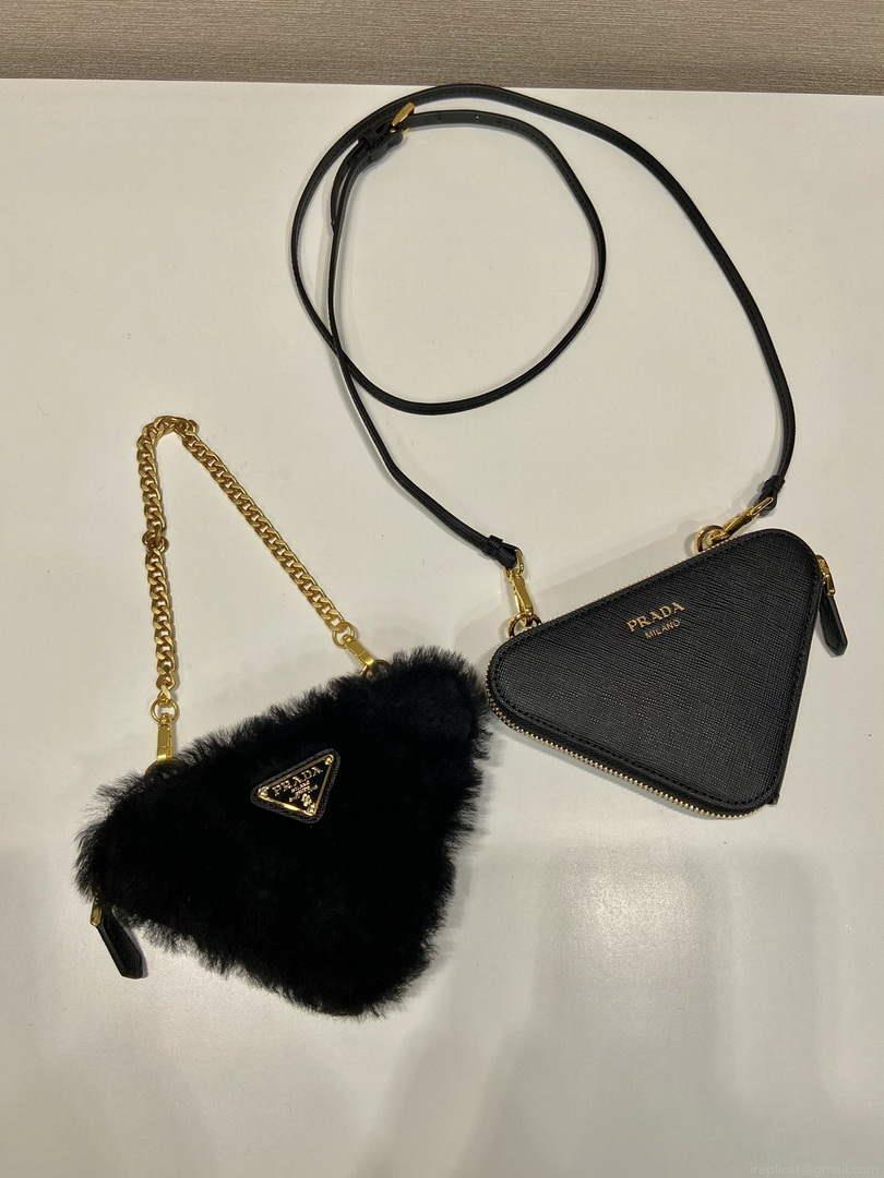 Prada 1NR015 Shearling and Saffiano leather mini-pouch Black