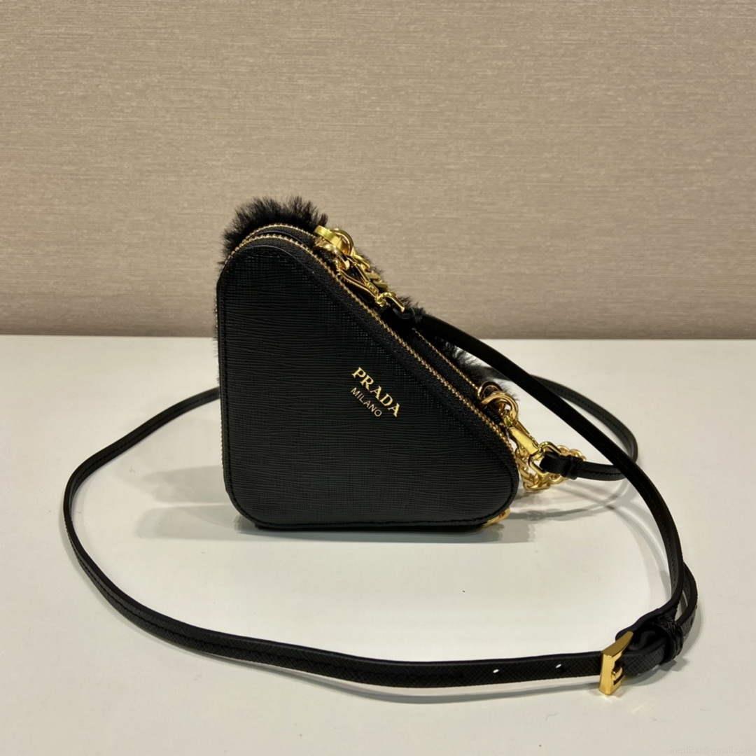 Prada 1NR015 Shearling and Saffiano leather mini-pouch Black