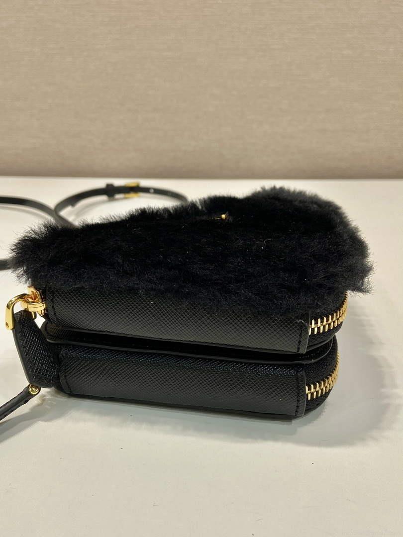 Prada 1NR015 Shearling and Saffiano leather mini-pouch Black