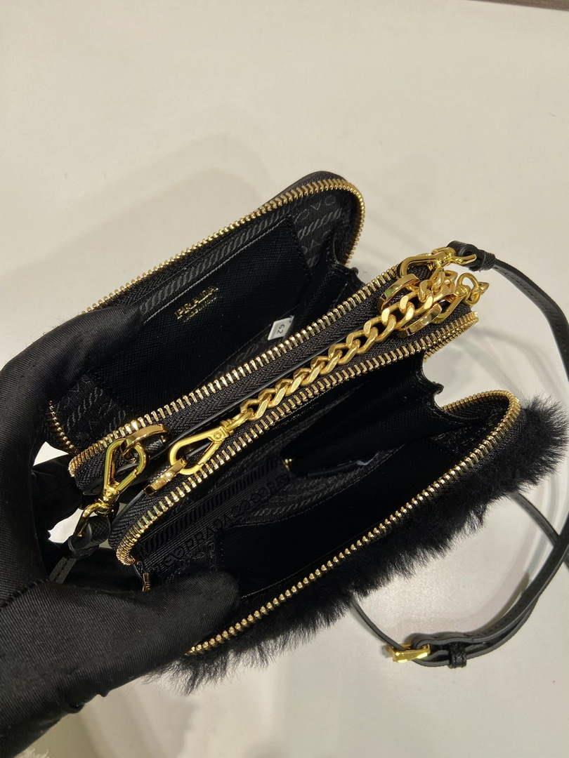 Prada 1NR015 Shearling and Saffiano leather mini-pouch Black