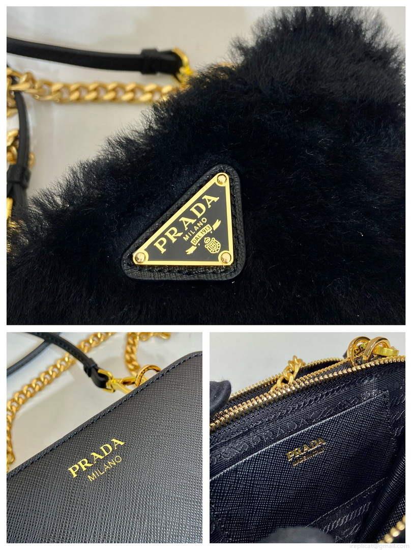 Prada 1NR015 Shearling and Saffiano leather mini-pouch Black