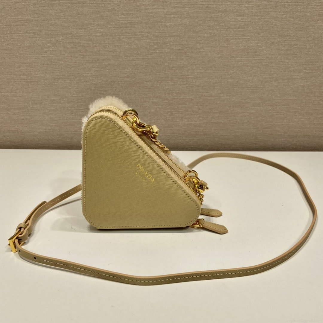 Prada 1NR015 Shearling and Saffiano leather mini-pouch Gold