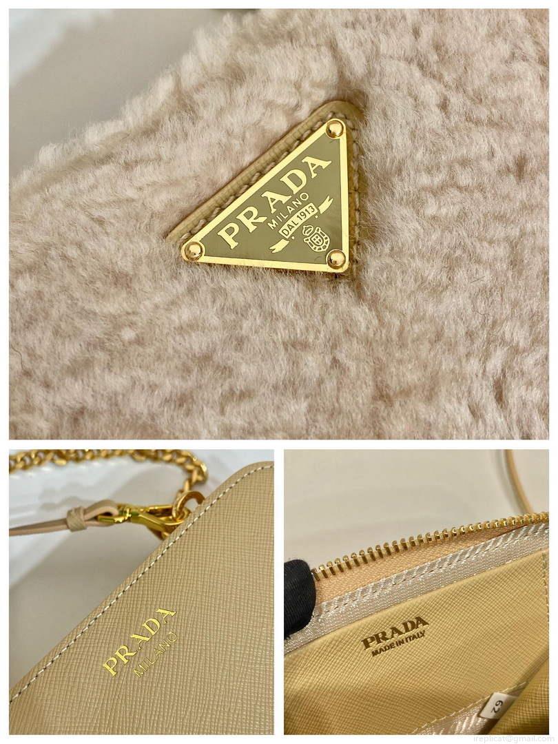 Prada 1NR015 Shearling and Saffiano leather mini-pouch Gold