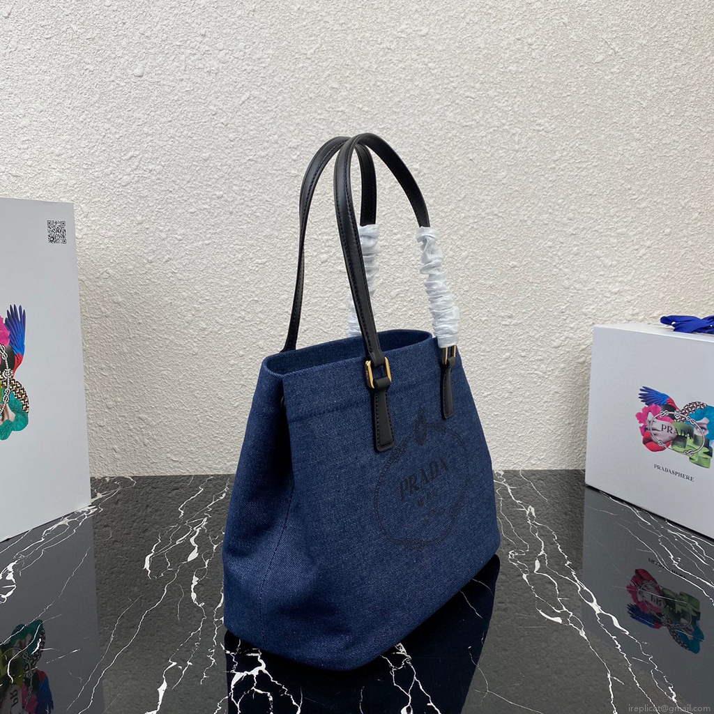 Prada 1BG356 Small linen blend and leather tote Blue