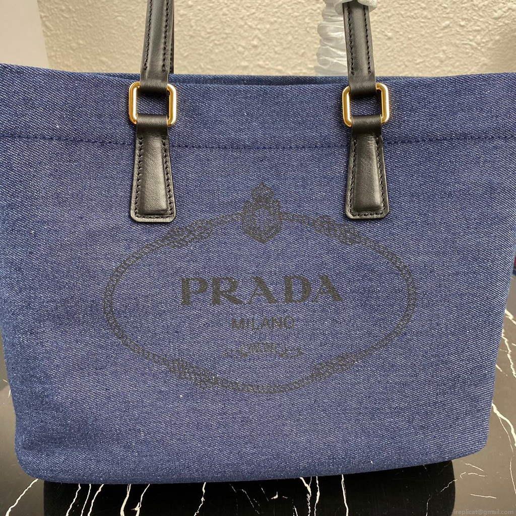 Prada 1BG356 Small linen blend and leather tote Blue