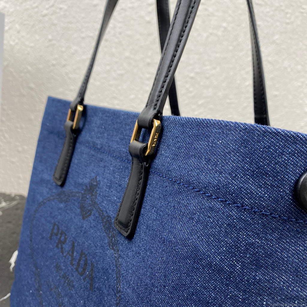 Prada 1BG356 Small linen blend and leather tote Blue