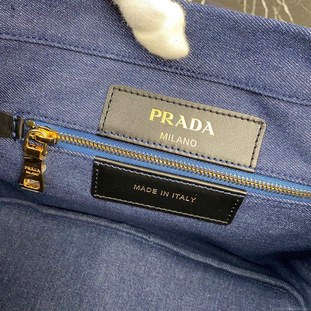 Prada 1BG356 Small linen blend and leather tote Blue