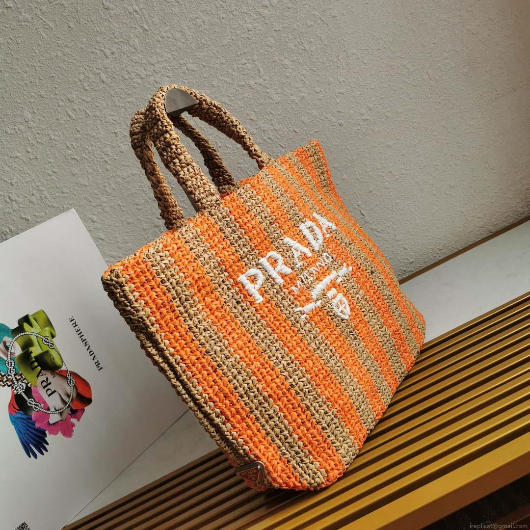 Prada 1BG392 Large Crochet tote bag Nature With Orange
