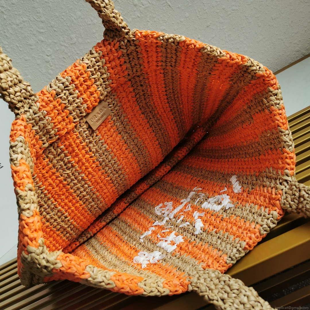 Prada 1BG392 Large Crochet tote bag Nature With Orange