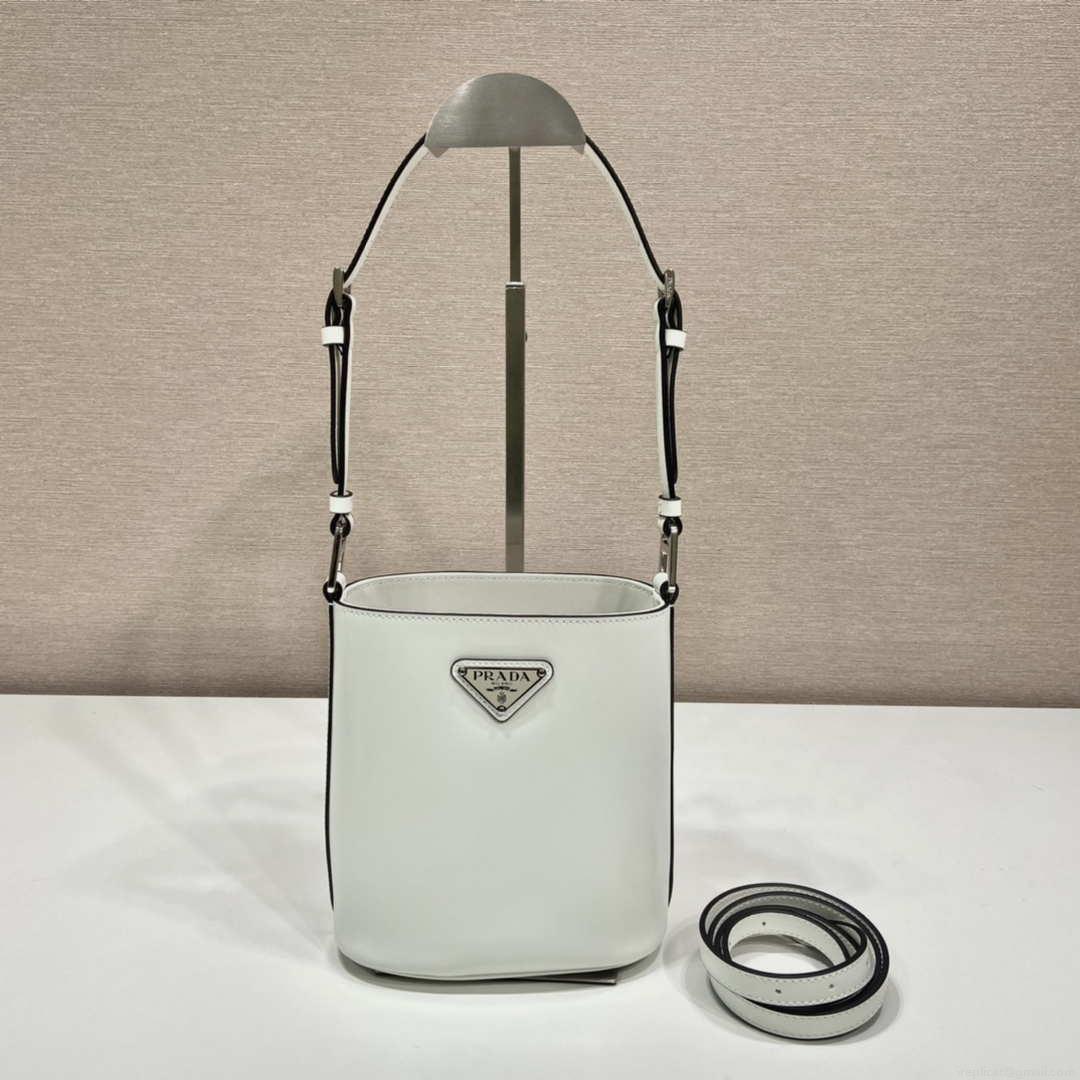 Prada 1BE059 Mini brushed-leather bucket bag White
