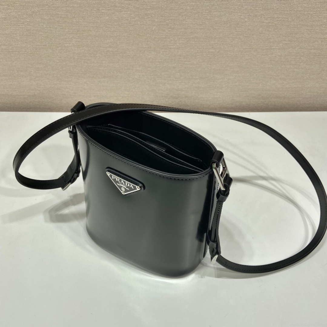 Prada Mini brushed-leather bucket bag 1BE059 Black