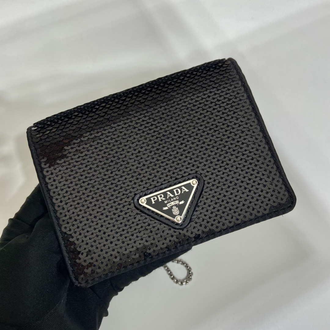 Prada Cardholder with shoulder strap and sequins 1MR024 Black