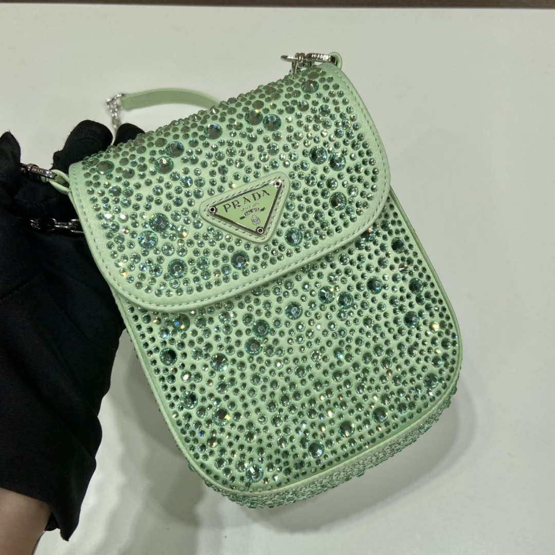 Prada 1BH185 Mini Cleo satin bag with crystals Green