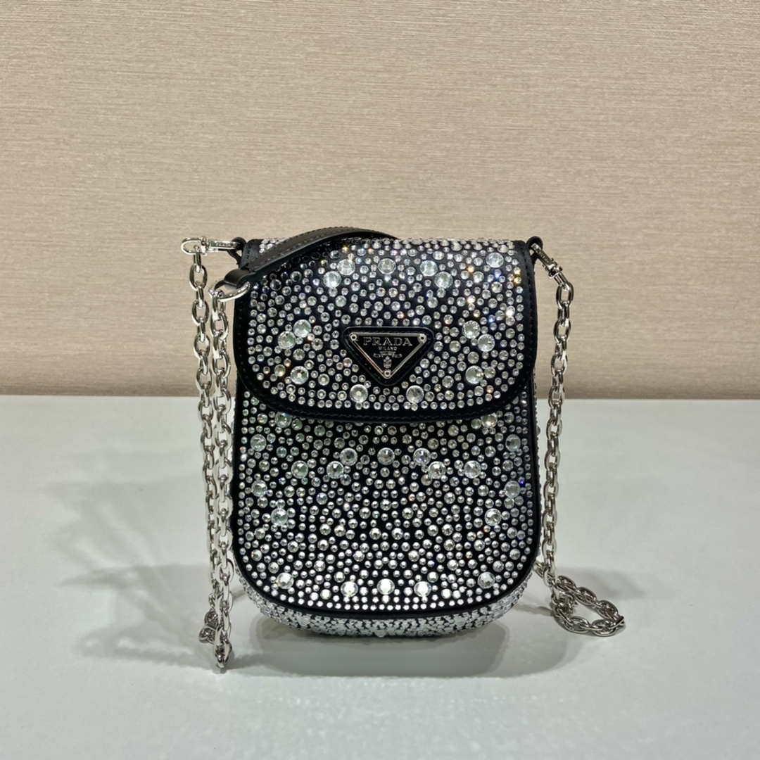 Prada 1BH185 Mini Cleo satin bag with crystals Black