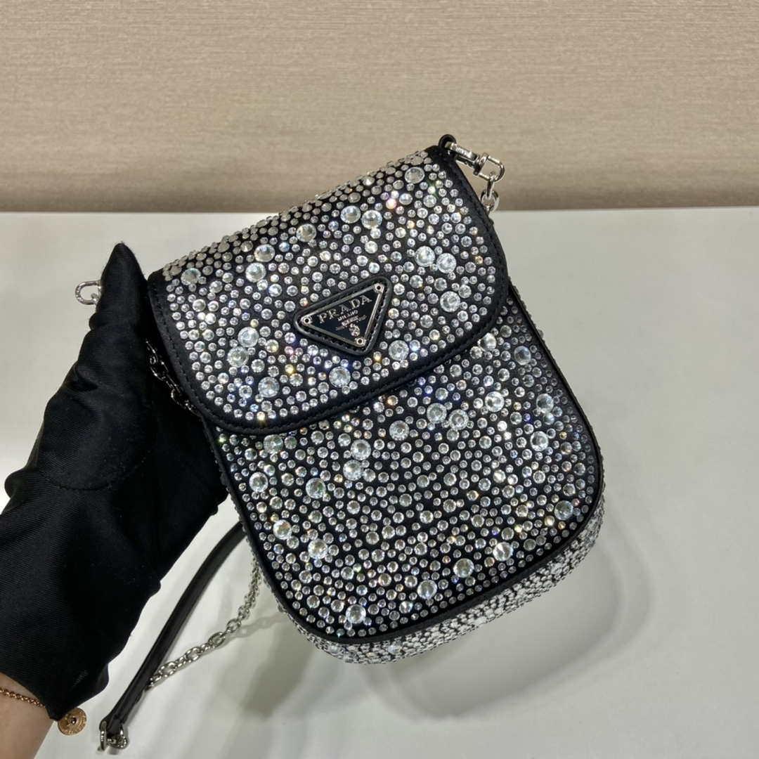 Prada 1BH185 Mini Cleo satin bag with crystals Black