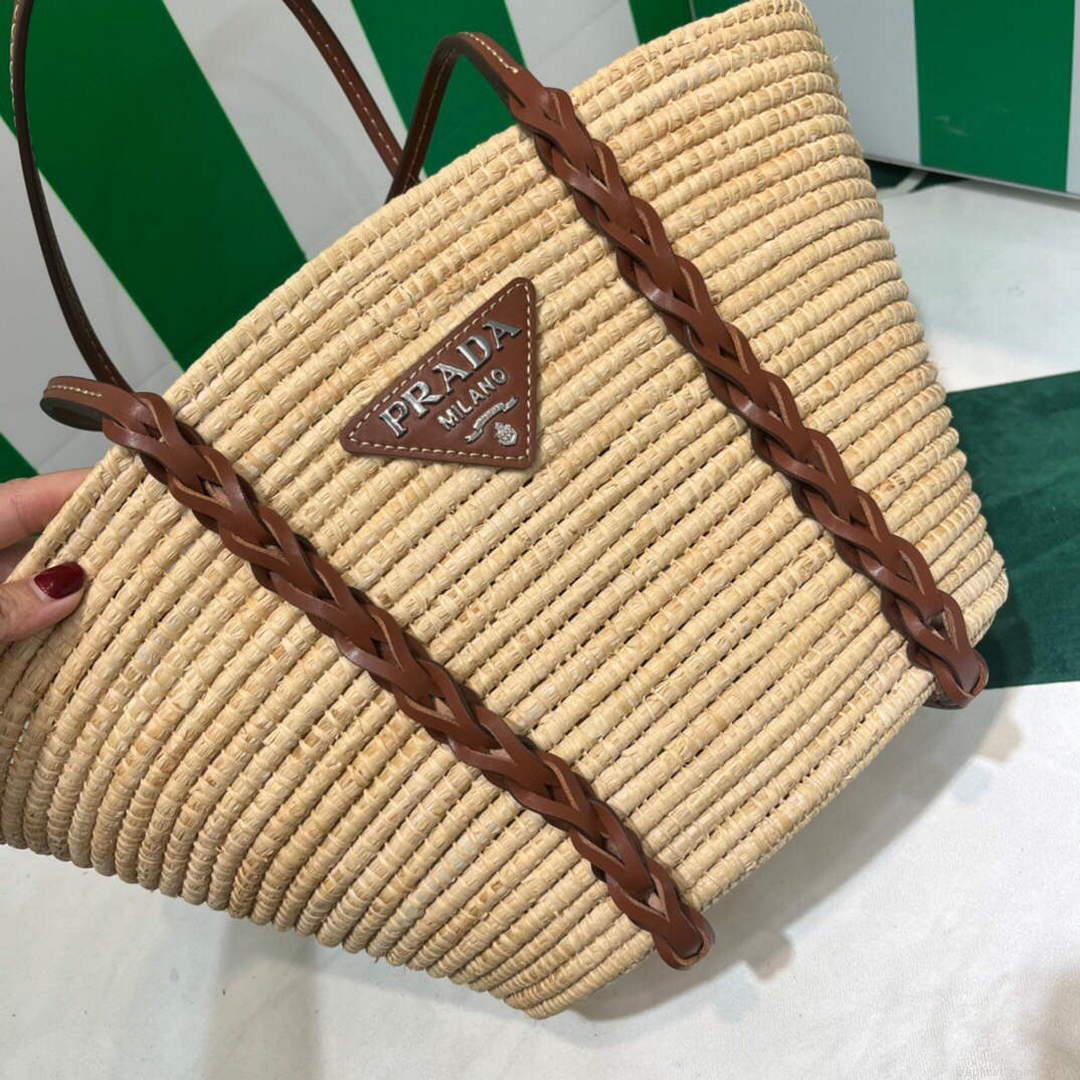 Prada 1BG312 Straw and Leather Tote Apricot
