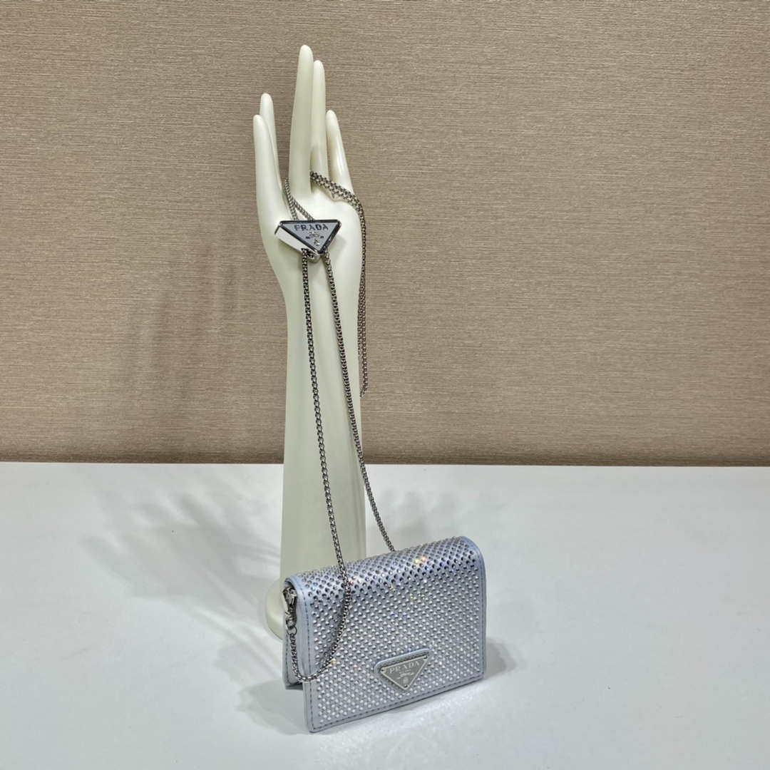 Prada Crystal-studded card holder with shoulder strap 1MR024 White Crystal