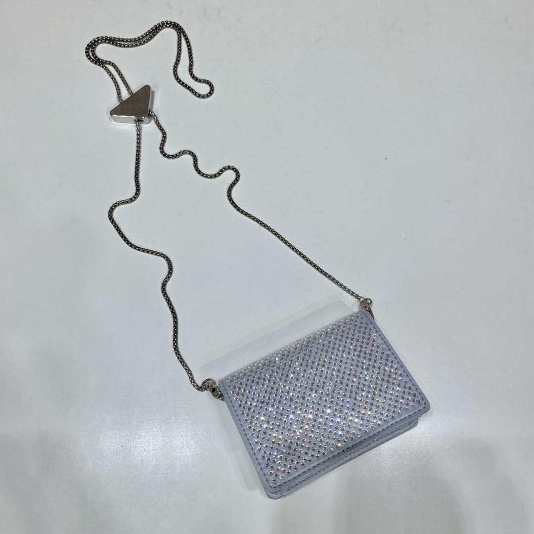Prada Crystal-studded card holder with shoulder strap 1MR024 White Crystal