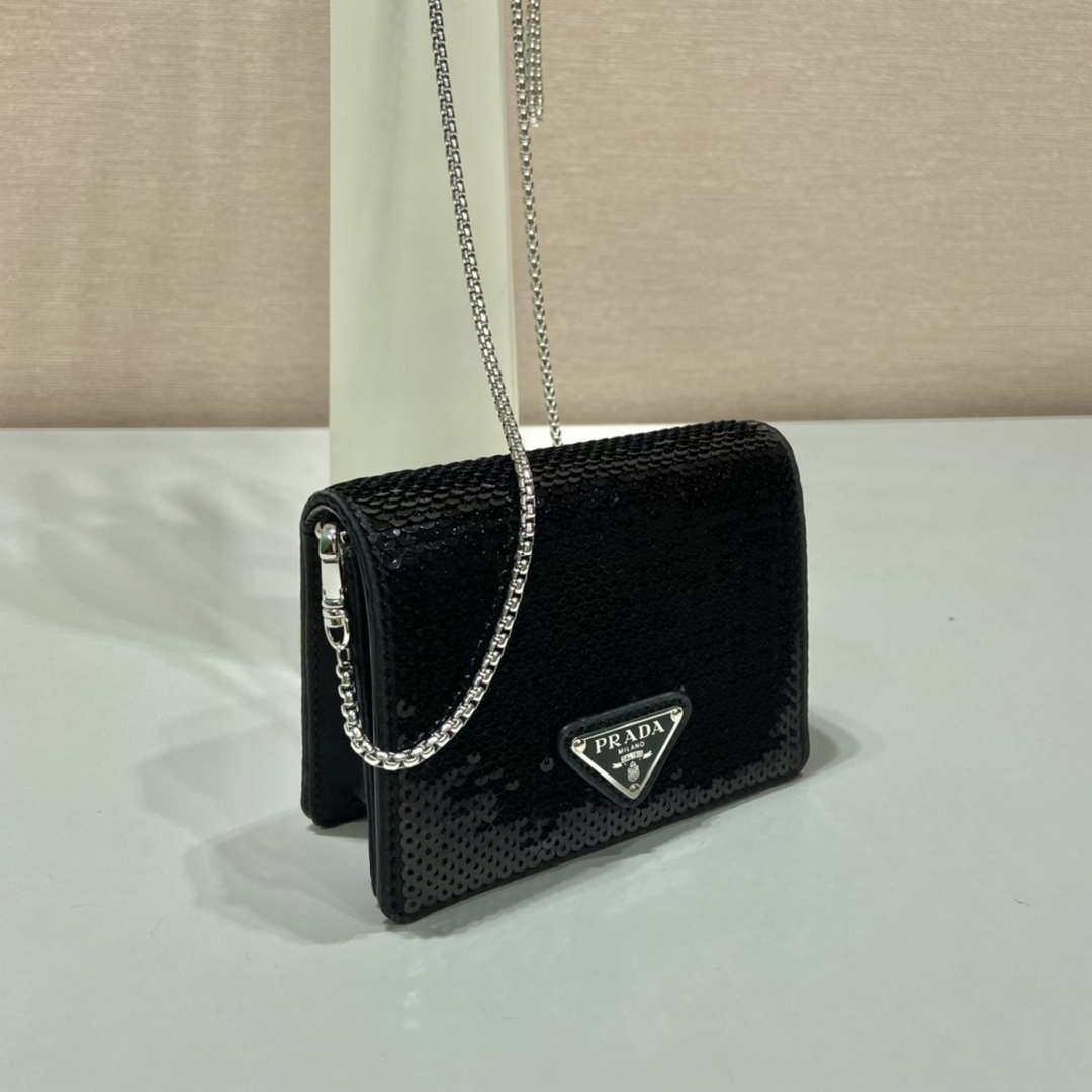Prada sequins-studded card holder with shoulder strap 1MR024 Black
