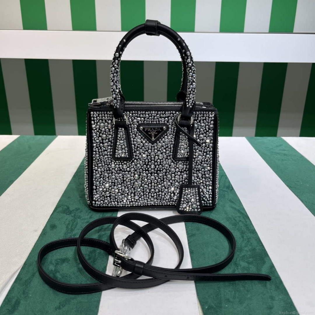 Prada 1BA906 Galleria satin mini-bag with crystals Black