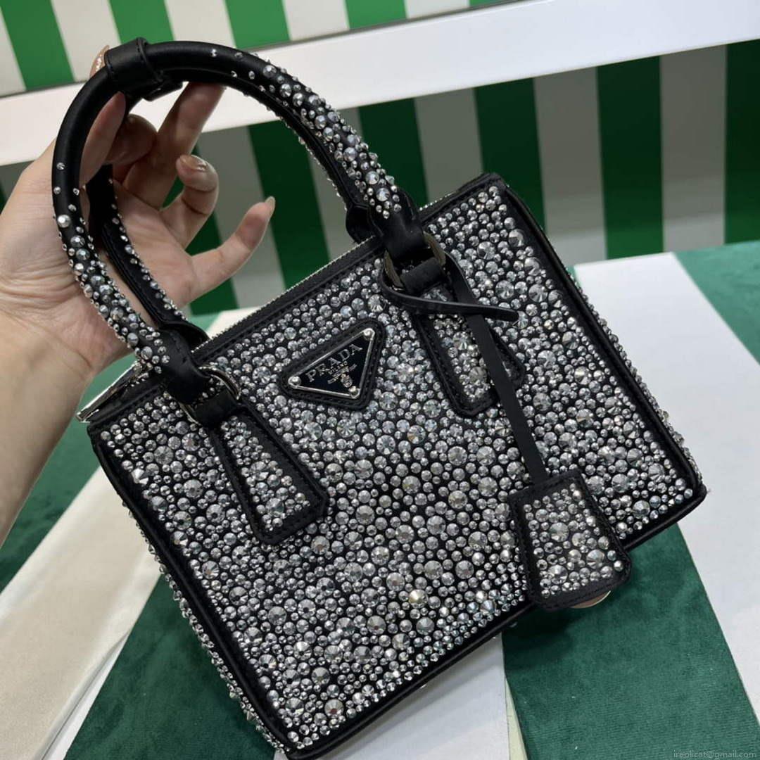 Prada 1BA906 Galleria satin mini-bag with crystals Black