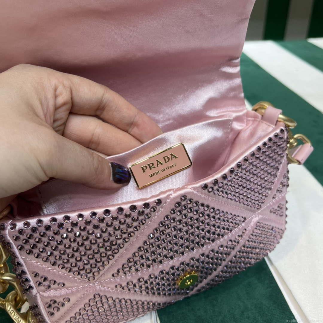 Prada 1BD329 Satin mini-bag with White Crystals Pink