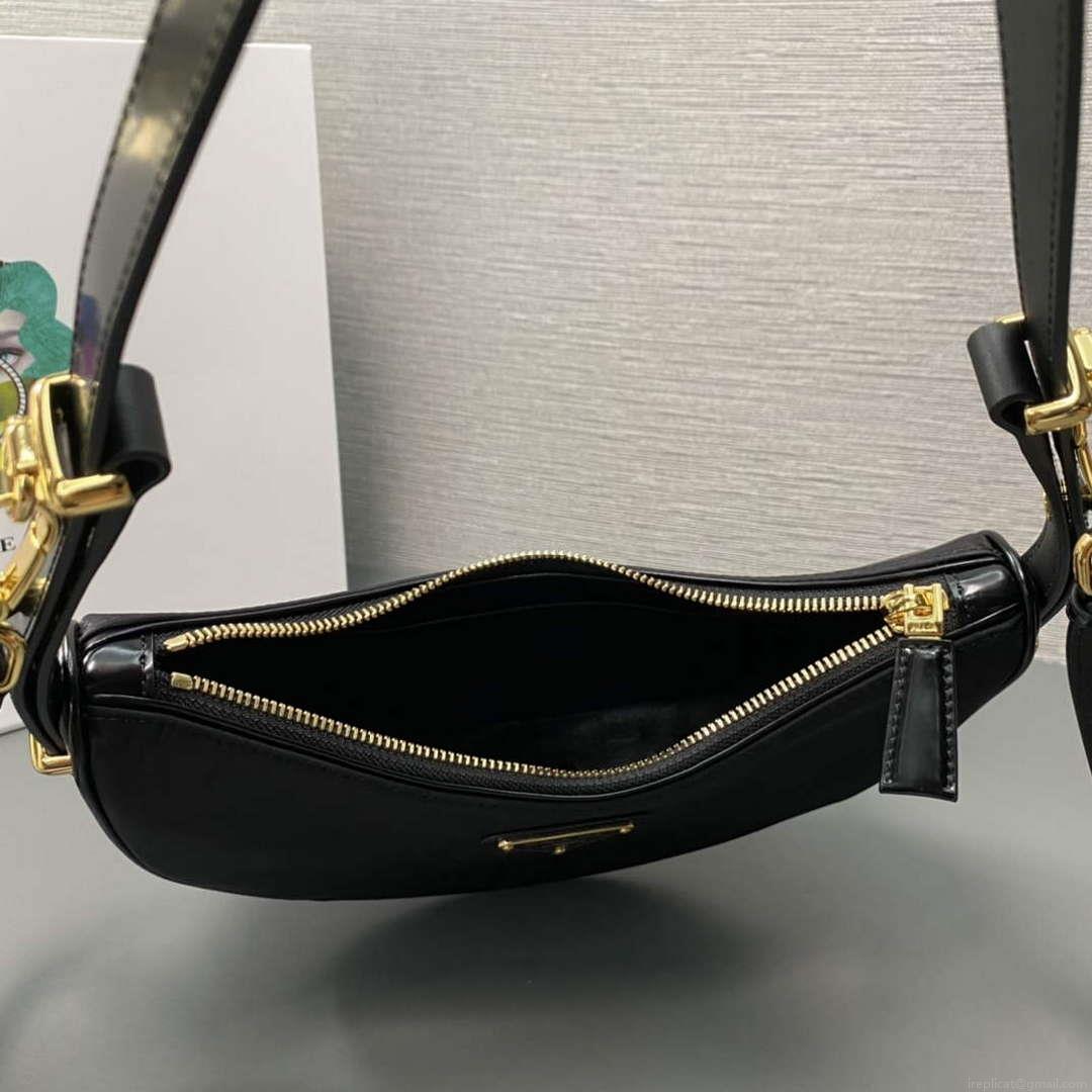 Prada 1BC194 Prada Arqué Re-Nylon and Brushed Leather Shoulder Bag Black