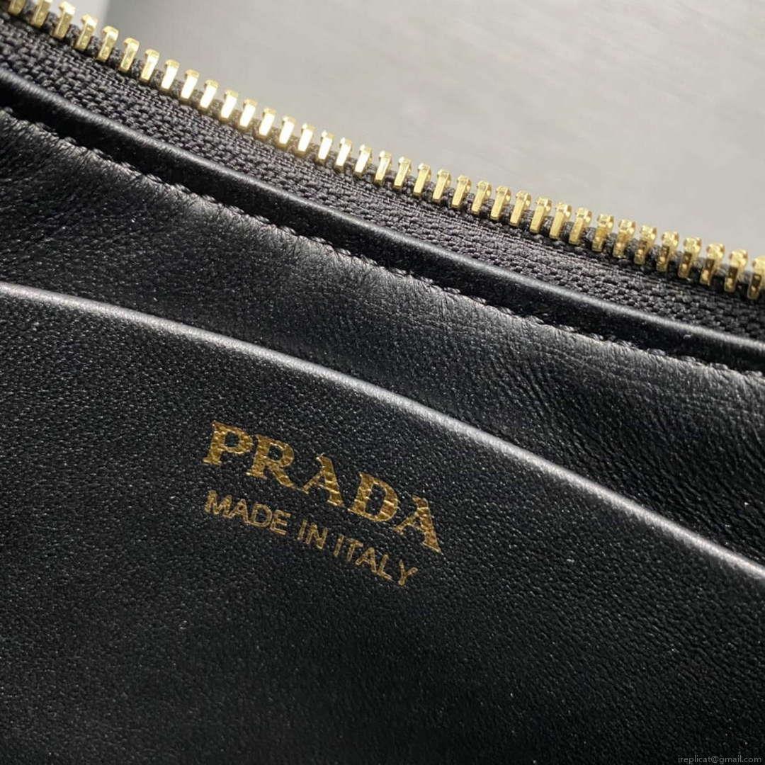 Prada 1BC194 Prada Arqué Re-Nylon and Brushed Leather Shoulder Bag Black