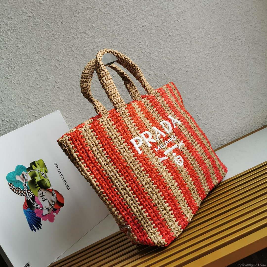 Prada 1BG392 Large Crochet tote bag Nature With Red