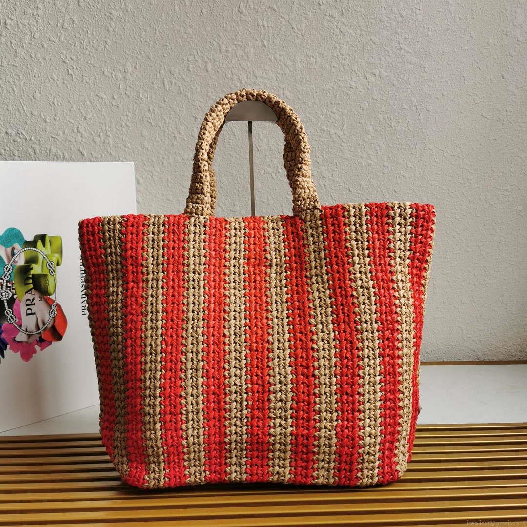 Prada 1BG392 Large Crochet tote bag Nature With Red
