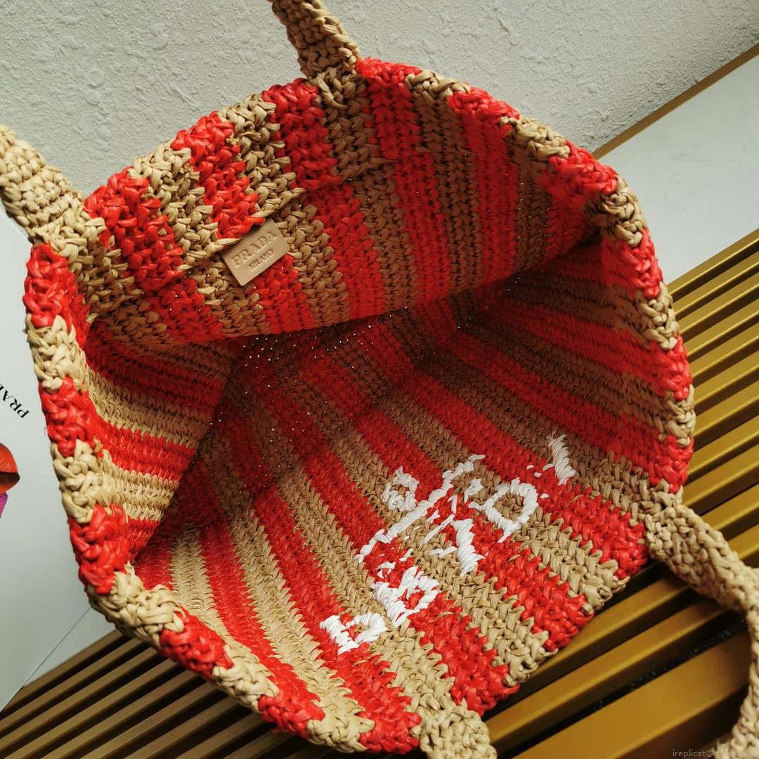 Prada 1BG392 Large Crochet tote bag Nature With Red