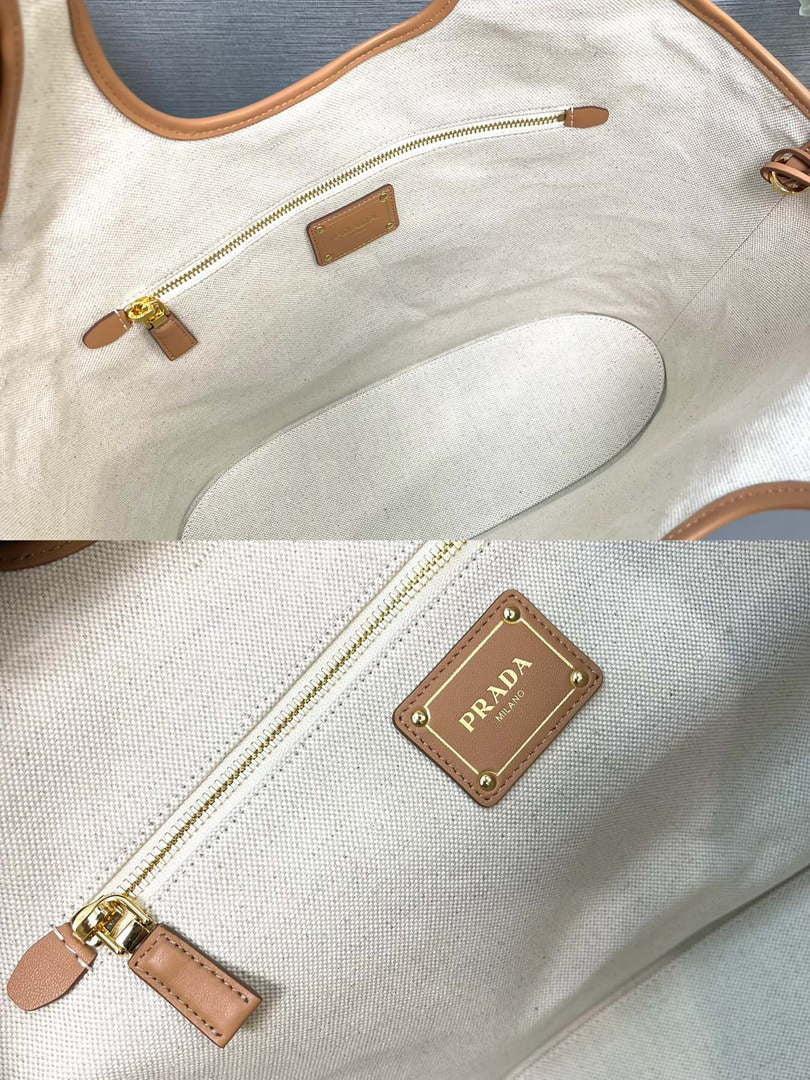 Prada 1BG472 Large linen blend and leather tote bag Natural