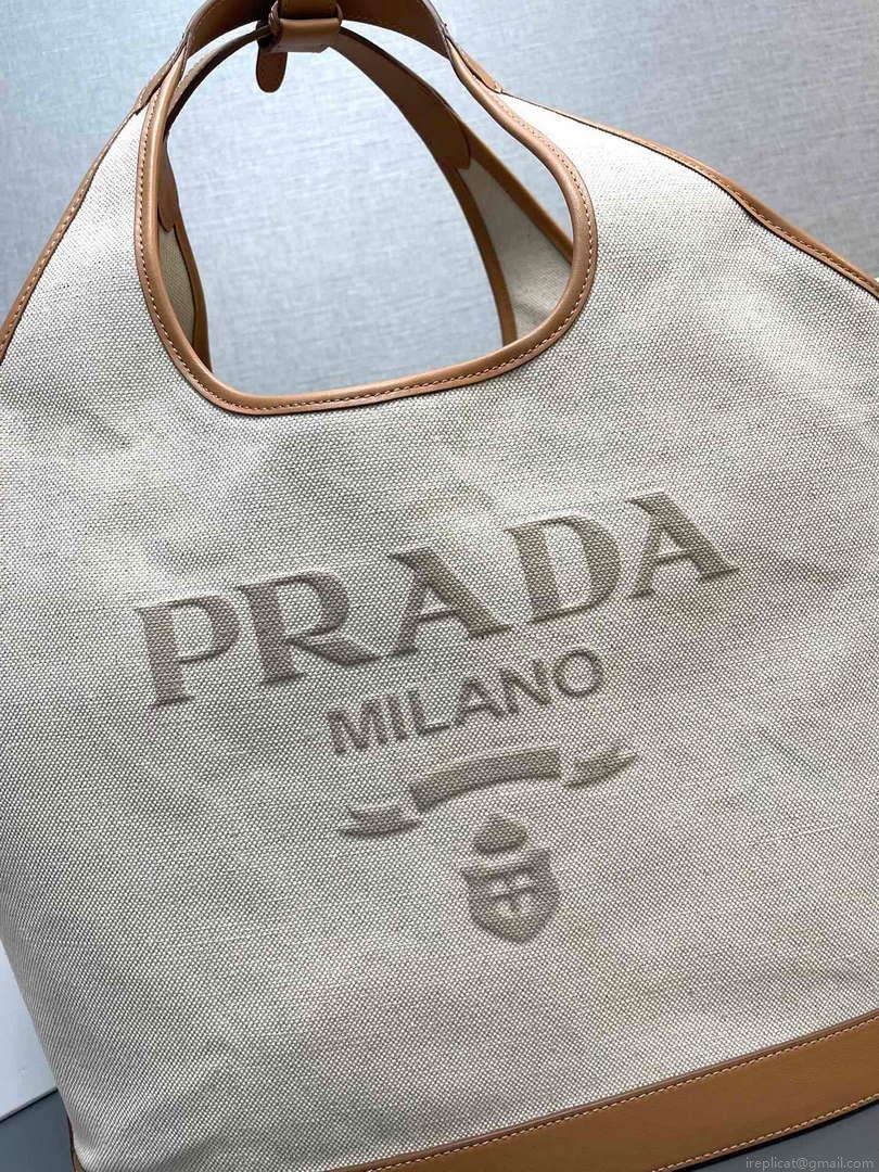 Prada 1BG472 Large linen blend and leather tote bag Natural