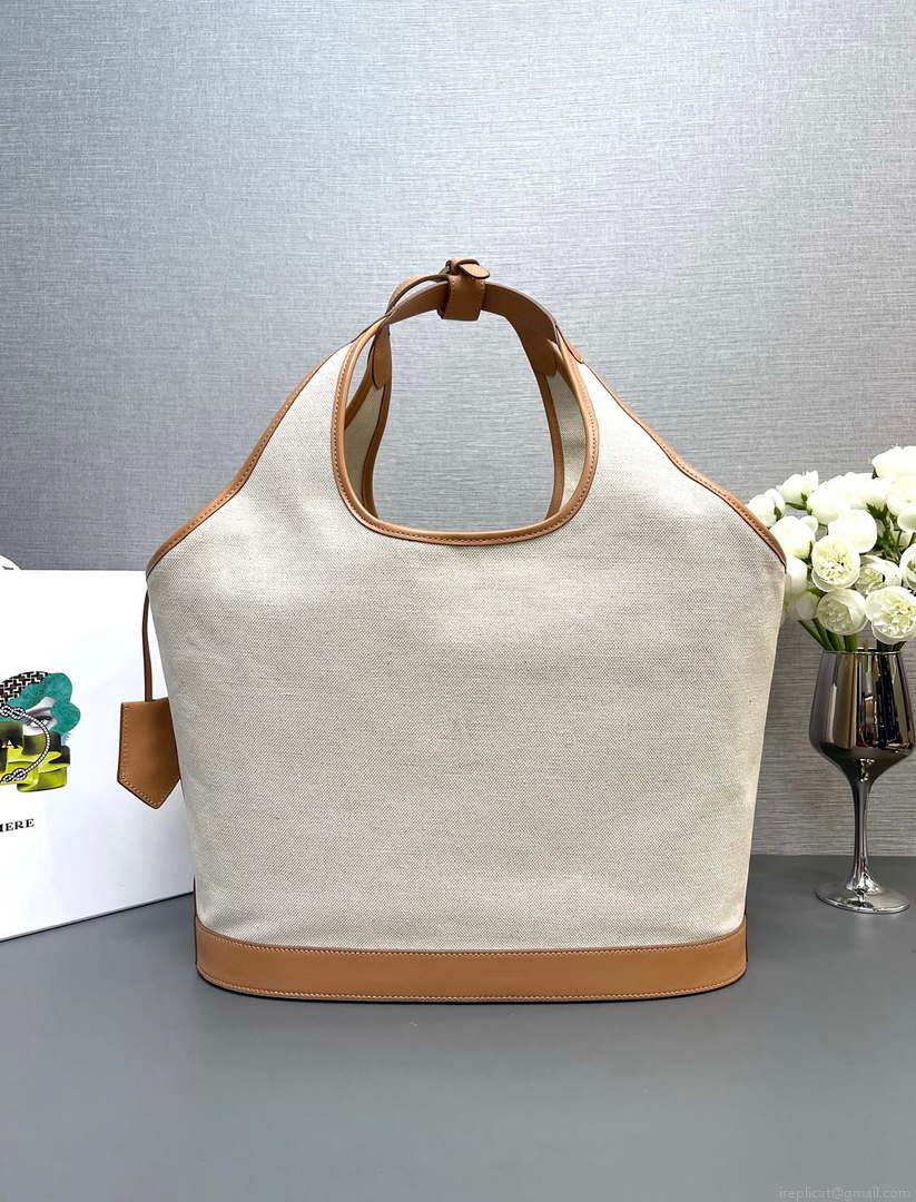 Prada 1BG472 Large linen blend and leather tote bag Natural