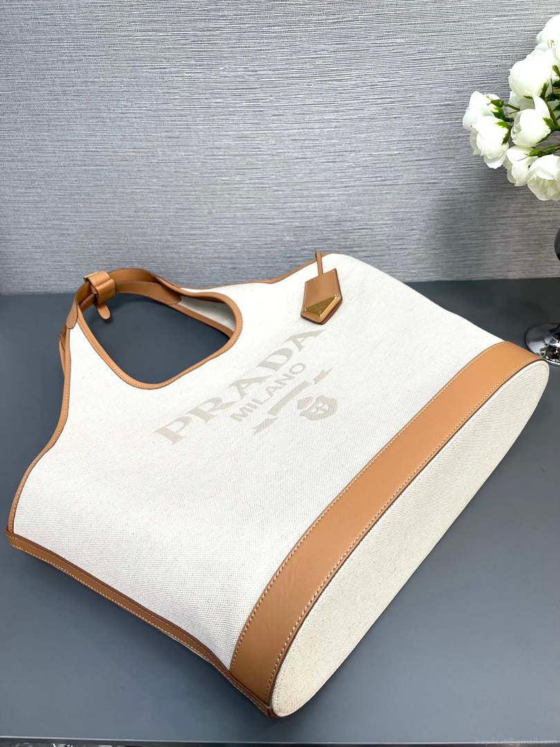 Prada 1BG472 Large linen blend and leather tote bag Natural
