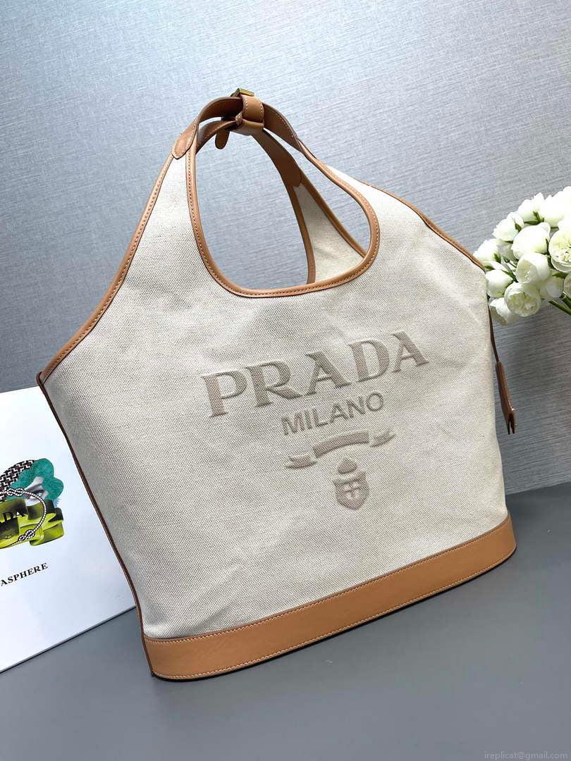 Prada 1BG472 Large linen blend and leather tote bag Natural