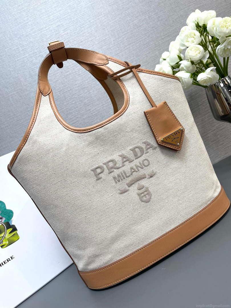 Prada 1BG471 Medium linen blend and leather tote bag Natural