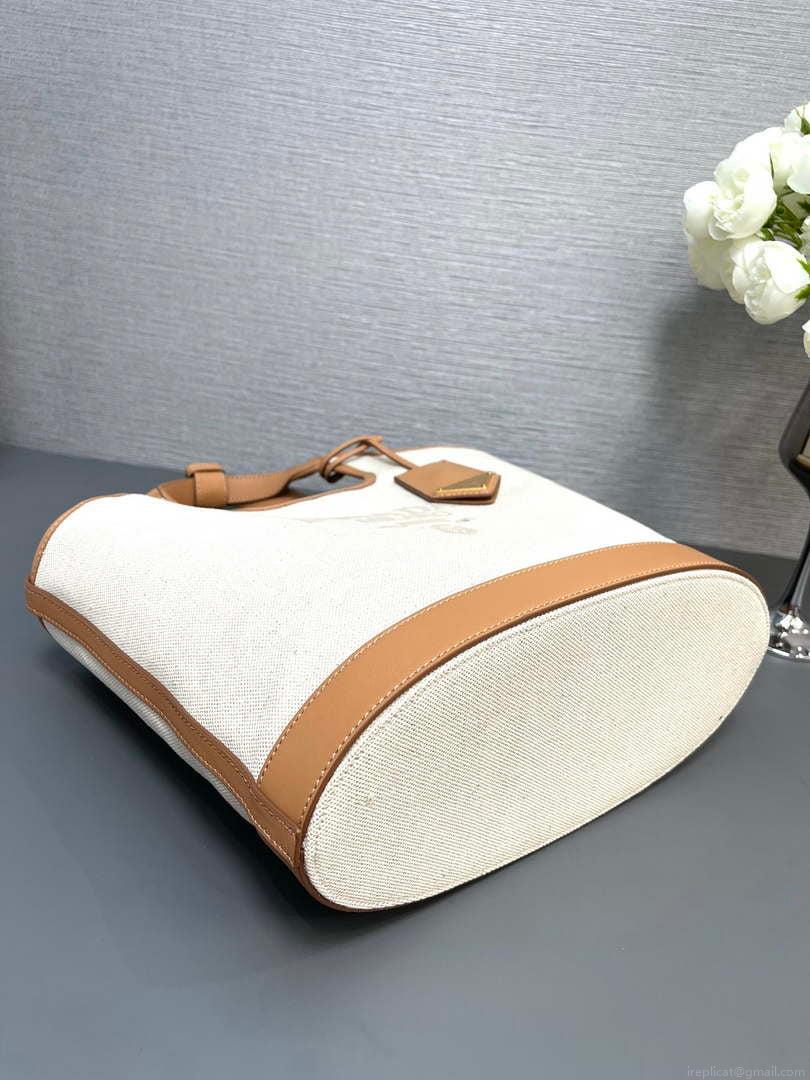 Prada 1BG471 Medium linen blend and leather tote bag Natural