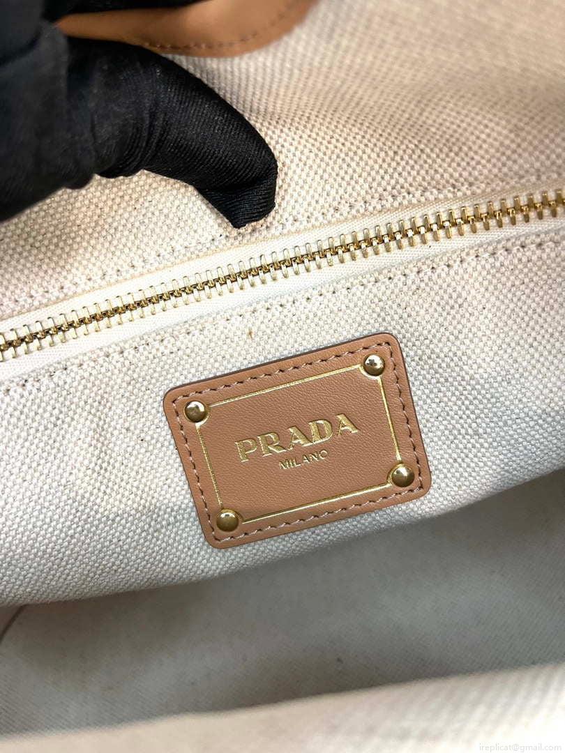 Prada 1BG471 Medium linen blend and leather tote bag Natural