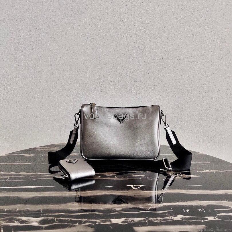 Prada 2VH113 Saffiano Leather Shoulder Bag in Sliver Grey