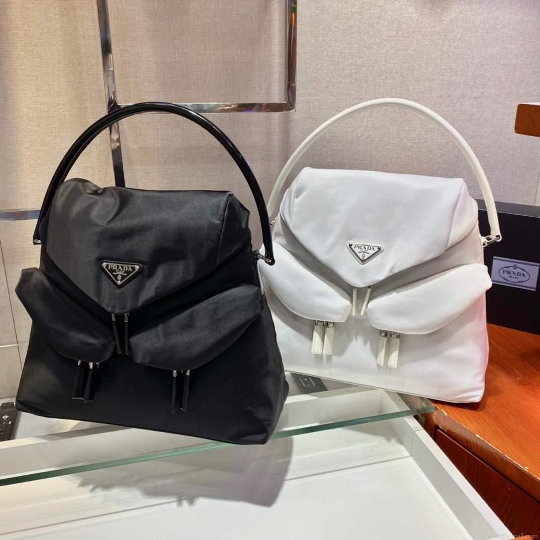Prada Signaux Nylon and Leather Hobo Bag 1BC160 Black