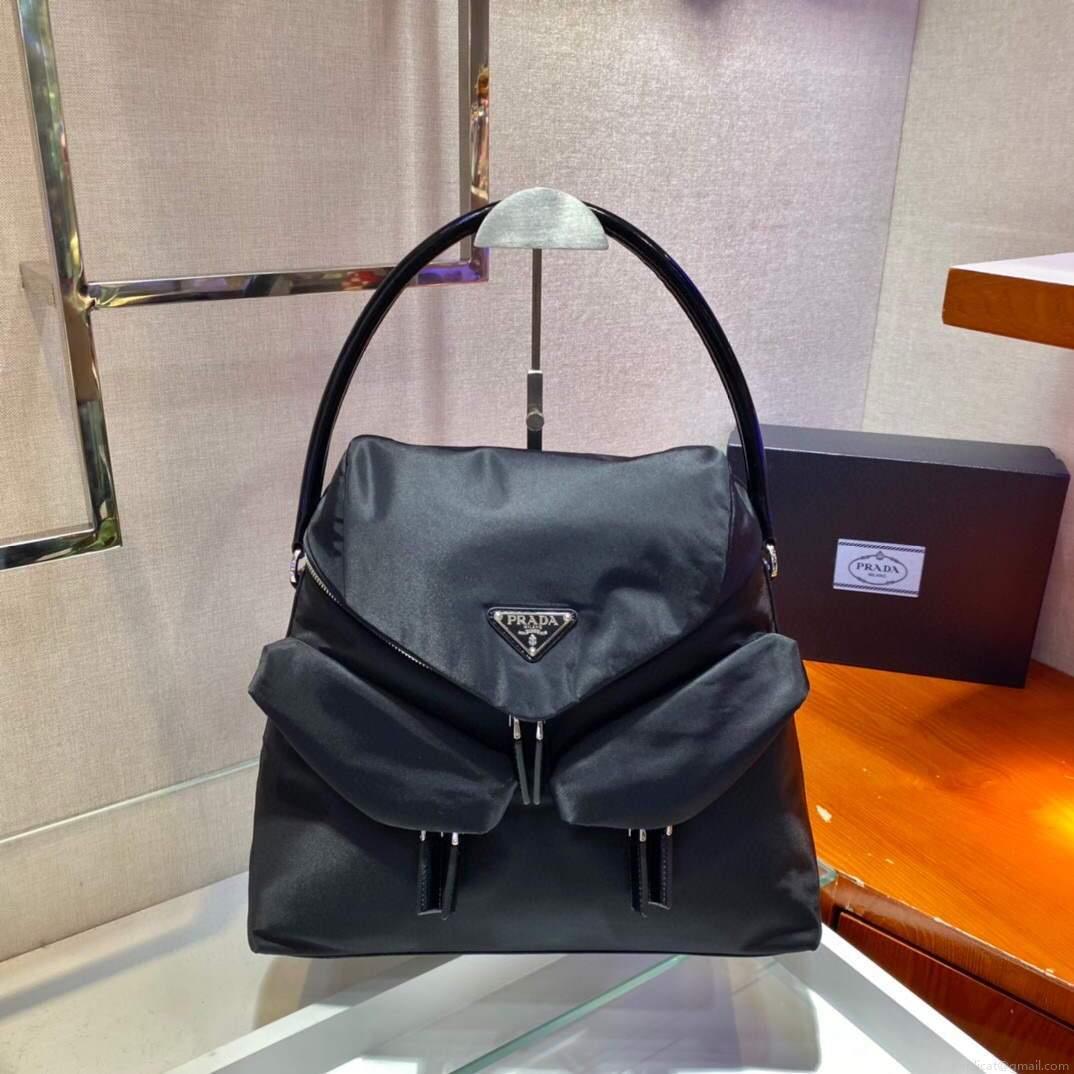 Prada Signaux Nylon and Leather Hobo Bag 1BC160 Black