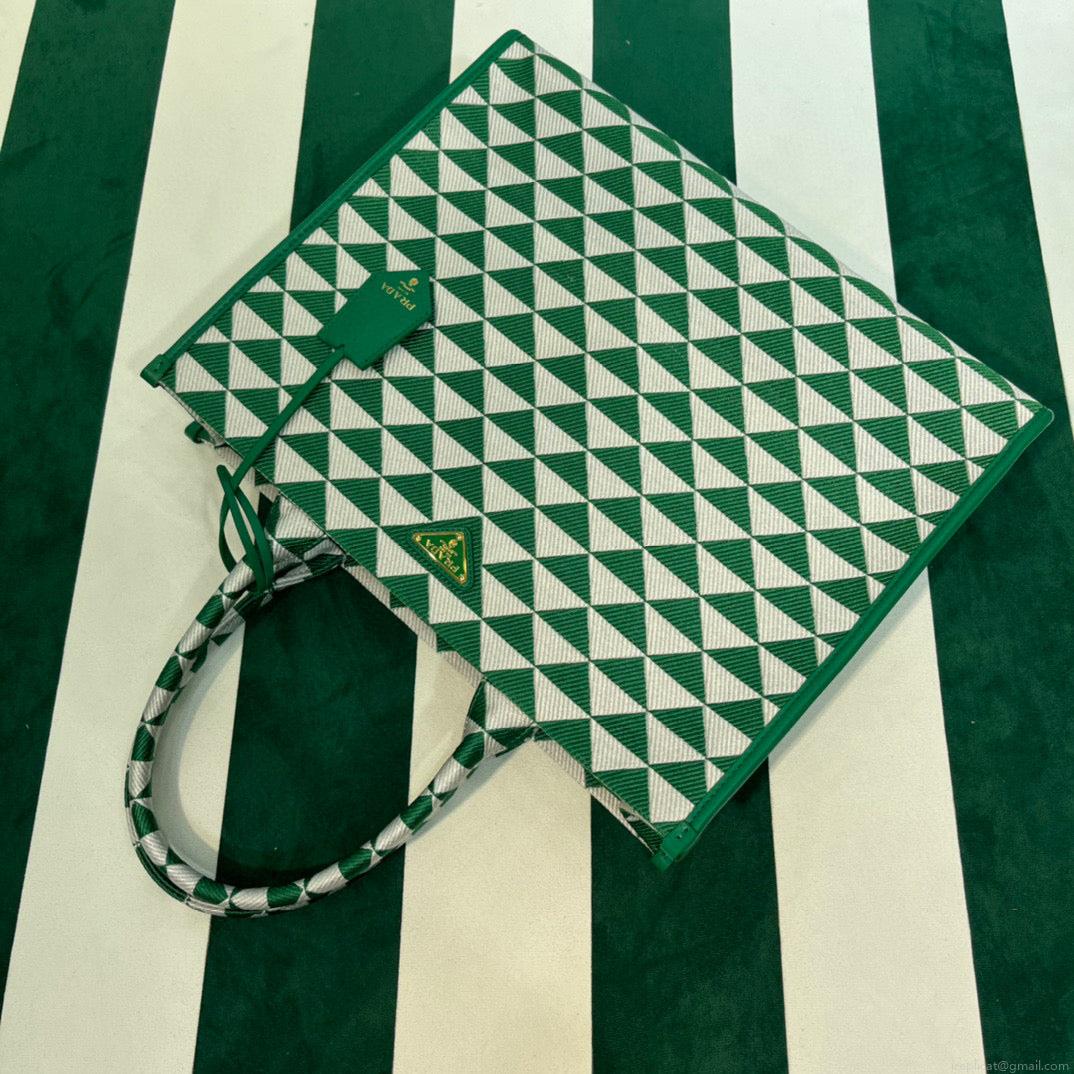 Prada 1BA356 Large Prada Symbole Jacquard Fabric Handbag Green White