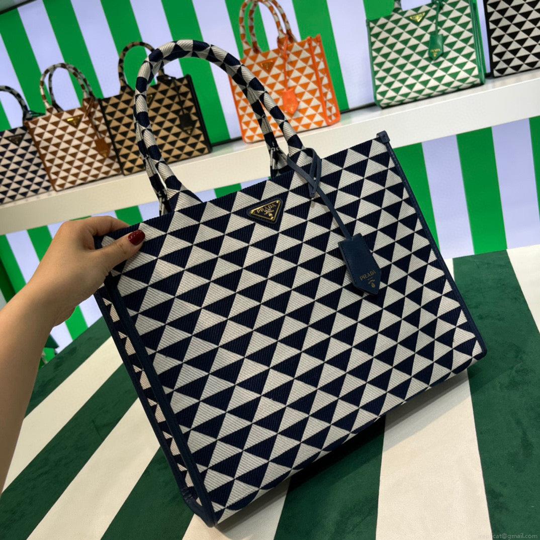 Prada 1BA356 Large Prada Symbole Jacquard Fabric Handbag Blue White