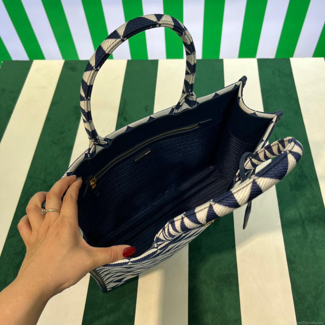 Prada 1BA356 Large Prada Symbole Jacquard Fabric Handbag Blue White