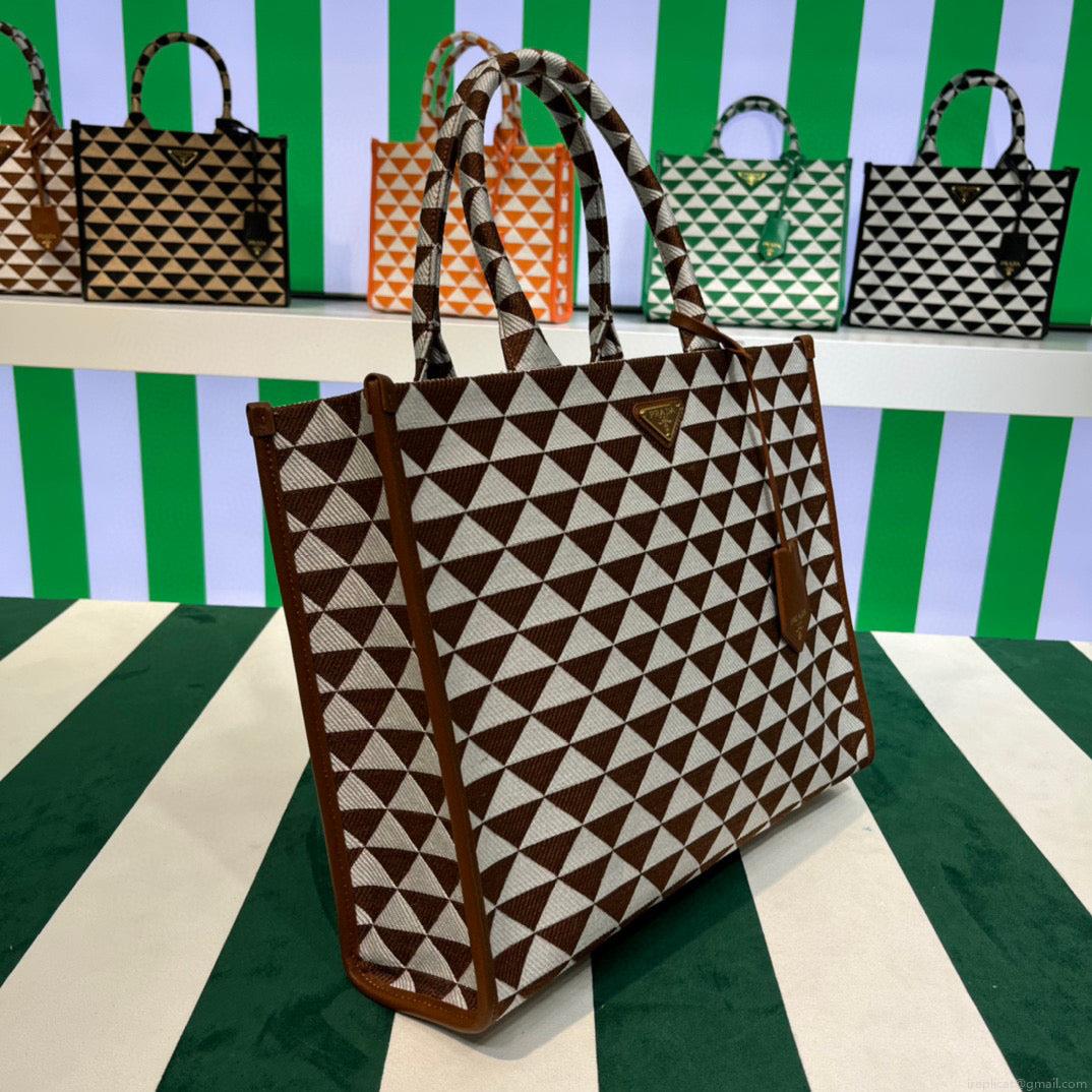 Prada 1BA356 Large Prada Symbole Jacquard Fabric Handbag Tan White