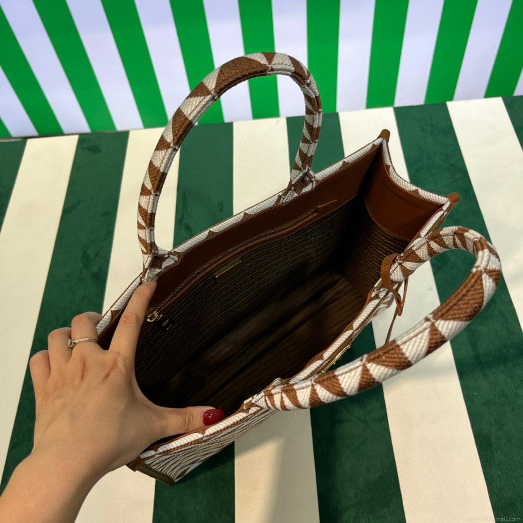 Prada 1BA356 Large Prada Symbole Jacquard Fabric Handbag Tan White