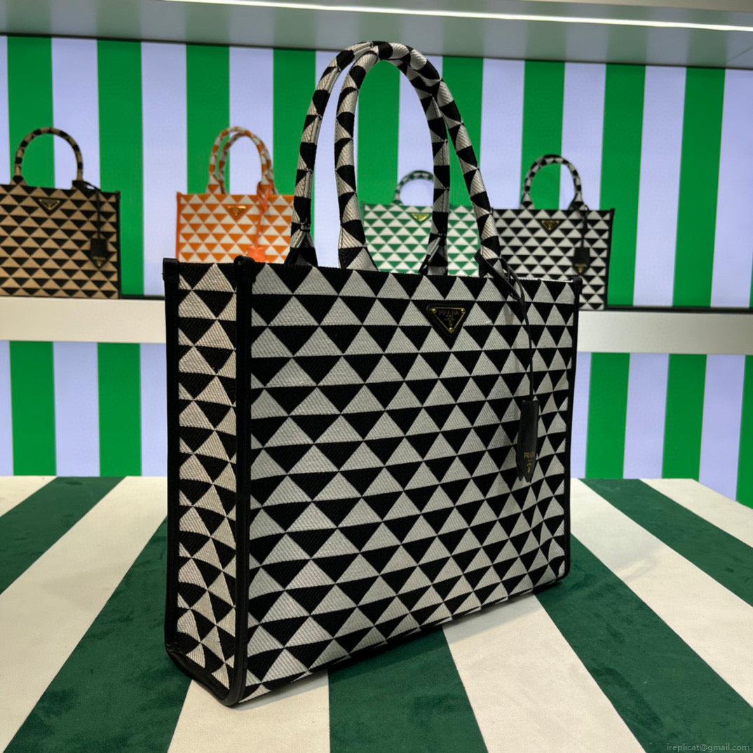 Prada 1BA356 Large Prada Symbole Jacquard Fabric Handbag Black White