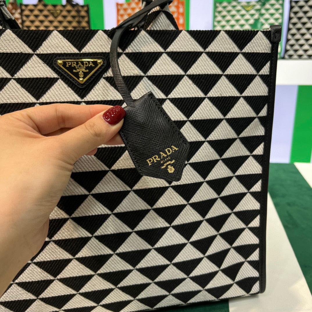 Prada 1BA356 Large Prada Symbole Jacquard Fabric Handbag Black White